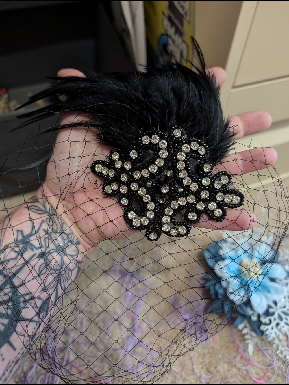 Vintage Black Feather & Rhinestone Veil Fascinator